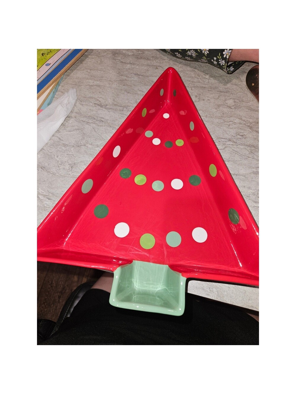 TAG Red Christmas Tree Serving Tray Polka Dot Ceramic Holiday Platter Platter